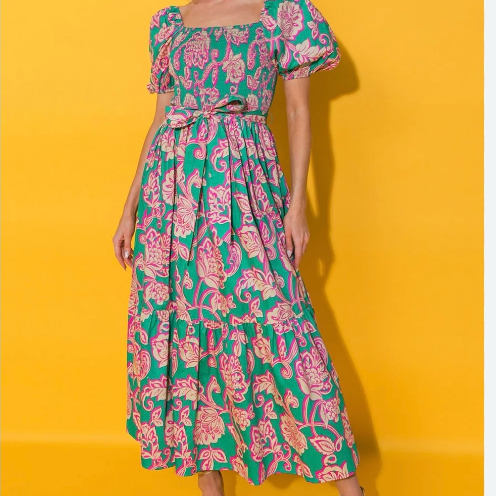 Flying Tomato Sz L Floral Green and Pink Dress